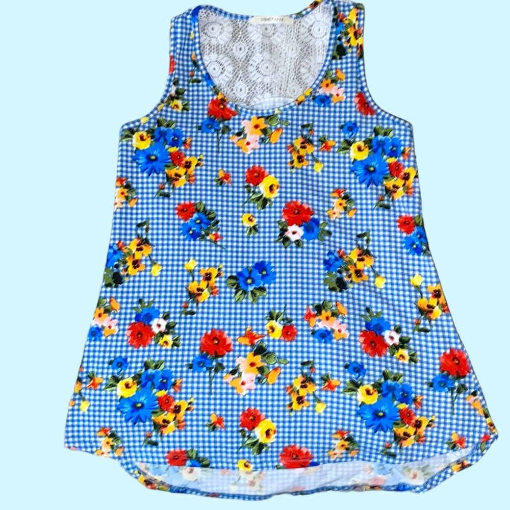 SYNDEY ROSE Blue/White Gingham Floral Tank Top with Lace in Back, Size M.